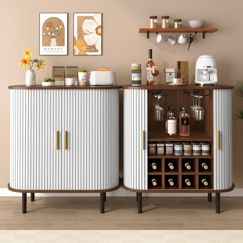 28' Fluted Wine Bar Cabinet with 8-Grid Wine Rack, 5-Level Adjustable Shelves, 2 Glass Holders, Smoothly Sliding Tambour Doors, 4 Hidden Storage Space on the Side, Modern Liquor Coffee Station, Black