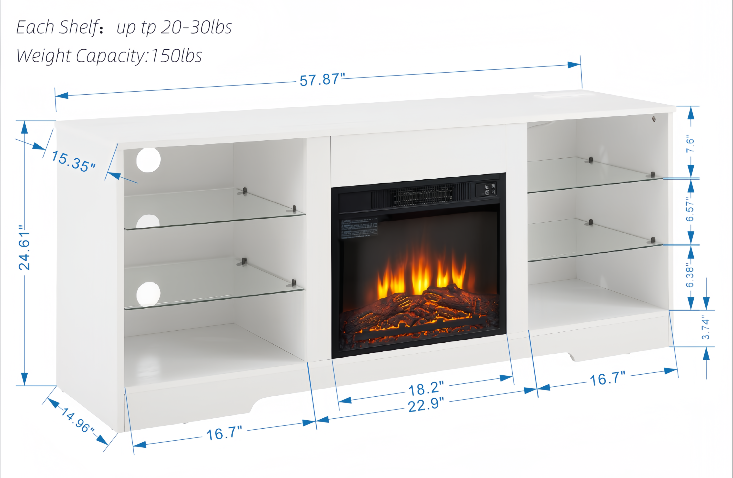 TV Stand with Electric Fireplace — Glass Shelves & USB Outlets for TVs Up to 62"
