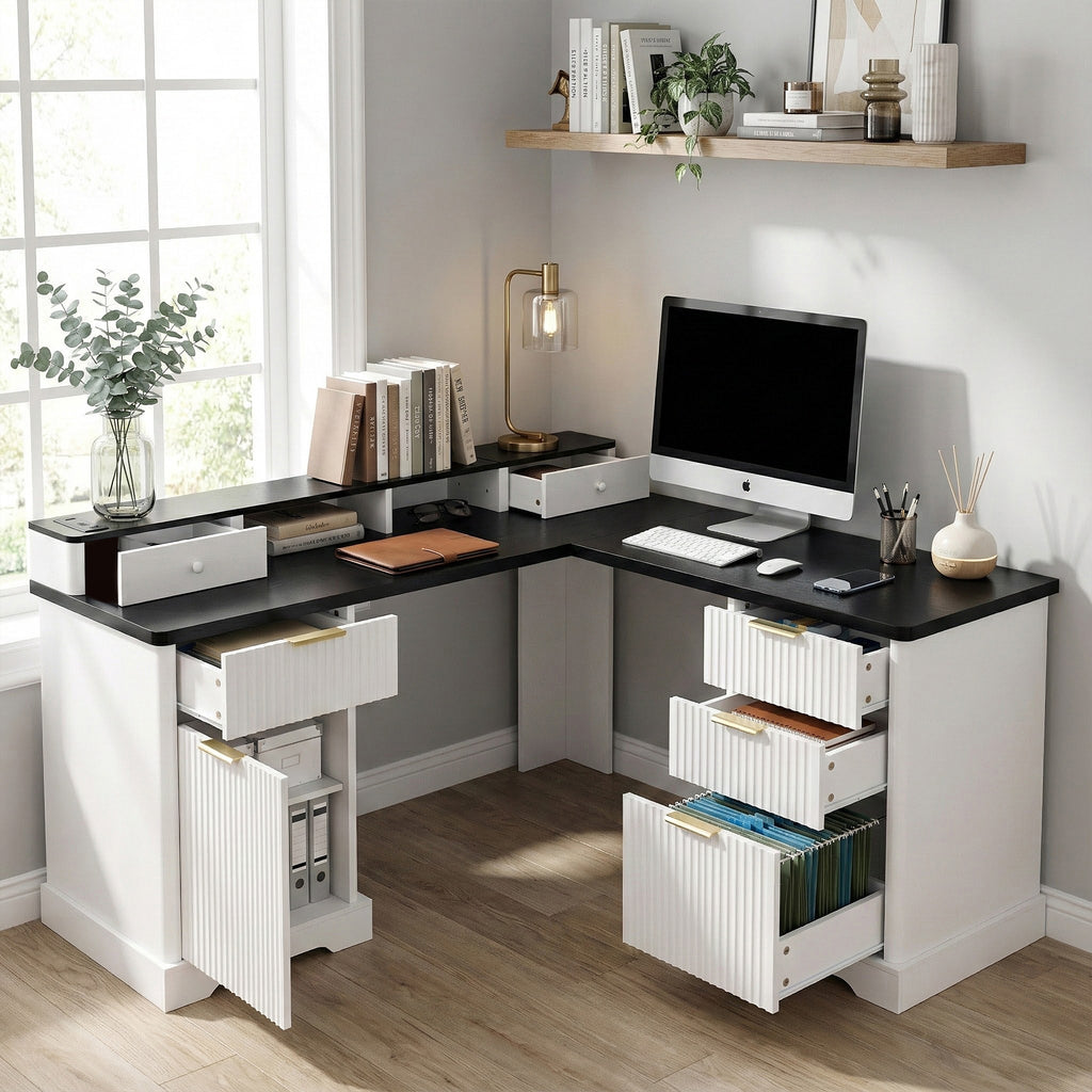 White fluted desk charging station with AC USB and Type-C ports