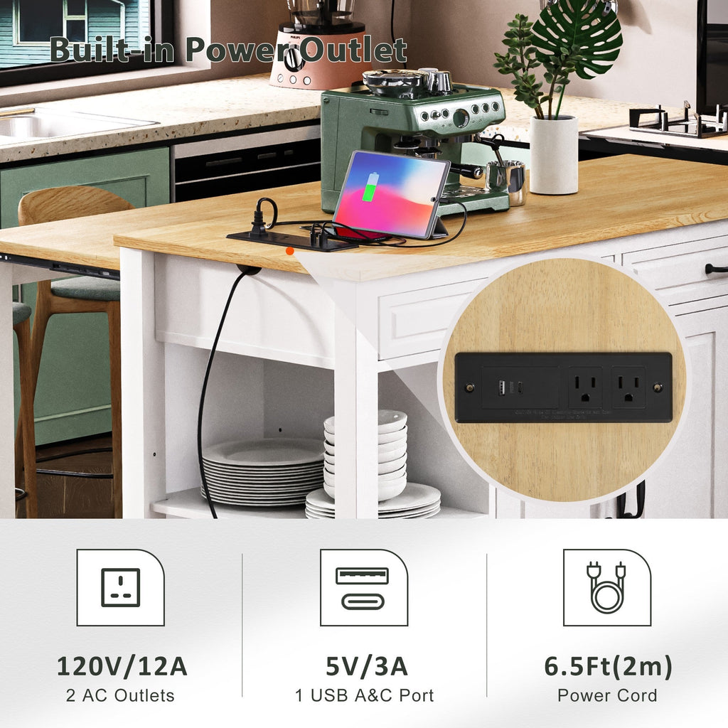 K&K 47 inch Kitchen Island with Extendable Dining Table, Rubber Wood Veneer Kitchen Table with Internal Storage Rack, Power Outlet, Kitchen island with Storage 2 Drawers 2 Cabinet, Black