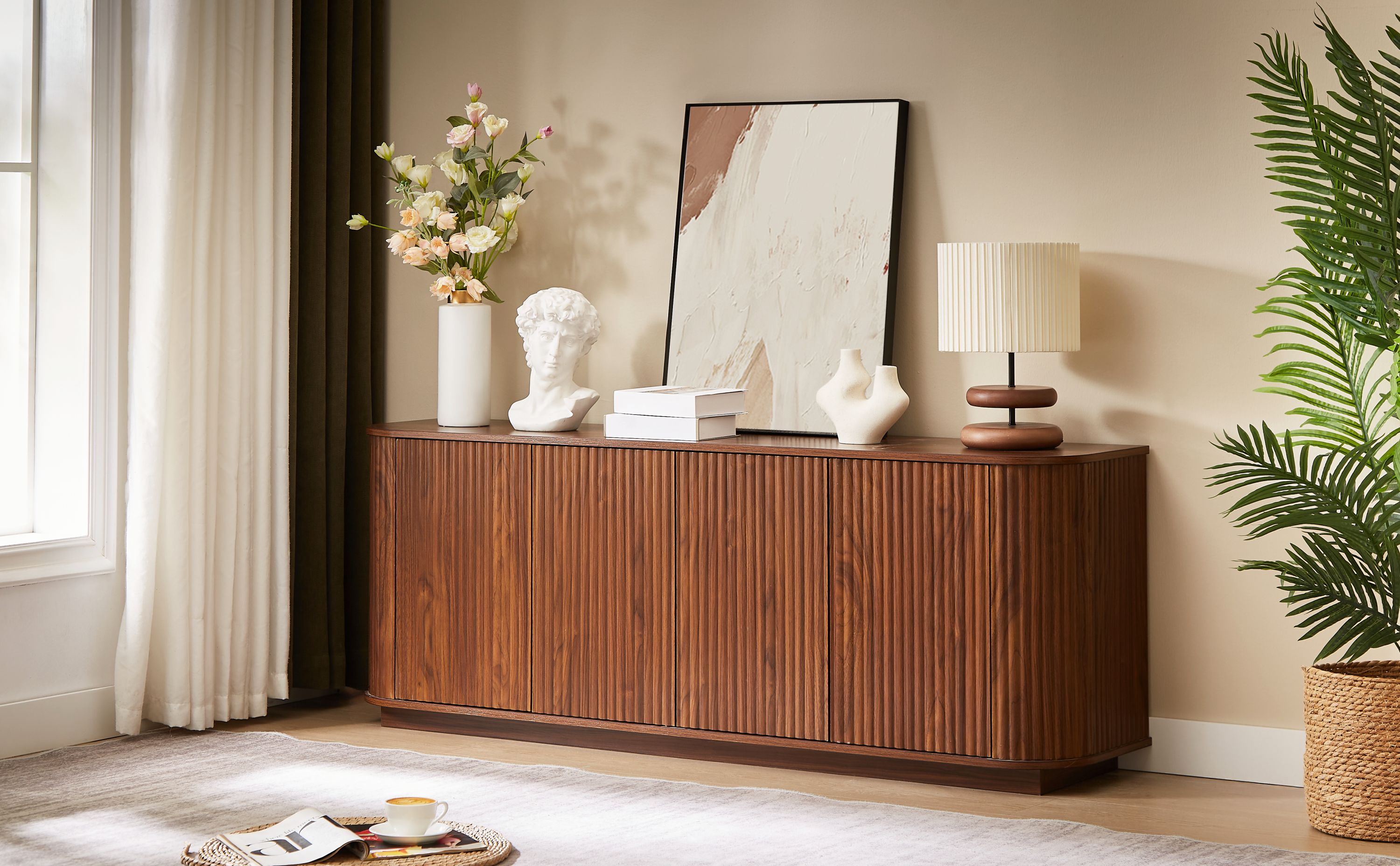 Walnut sideboard storage cabinet full view