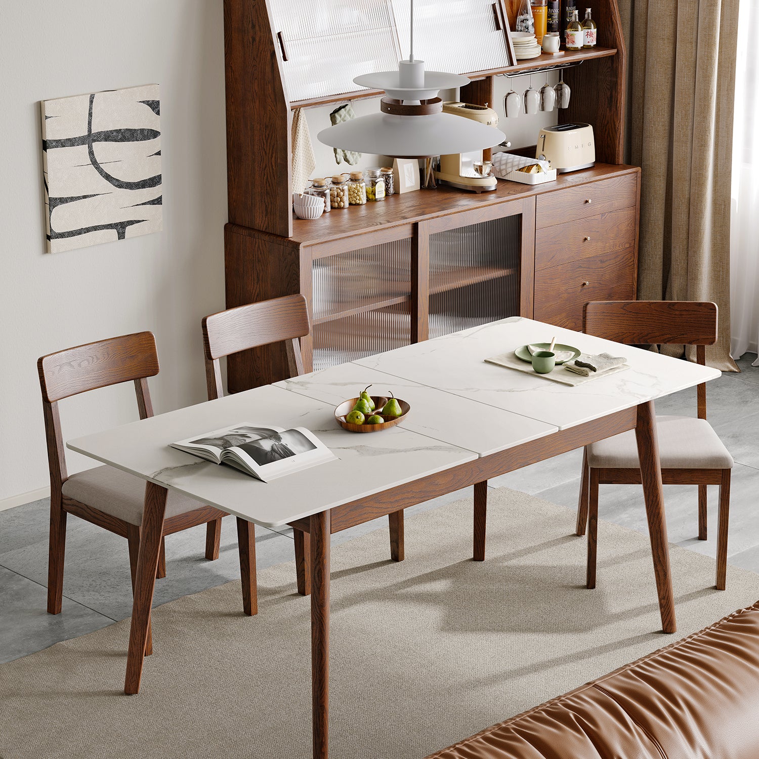 Solid oak telescopic dining table walnut finish — angle view