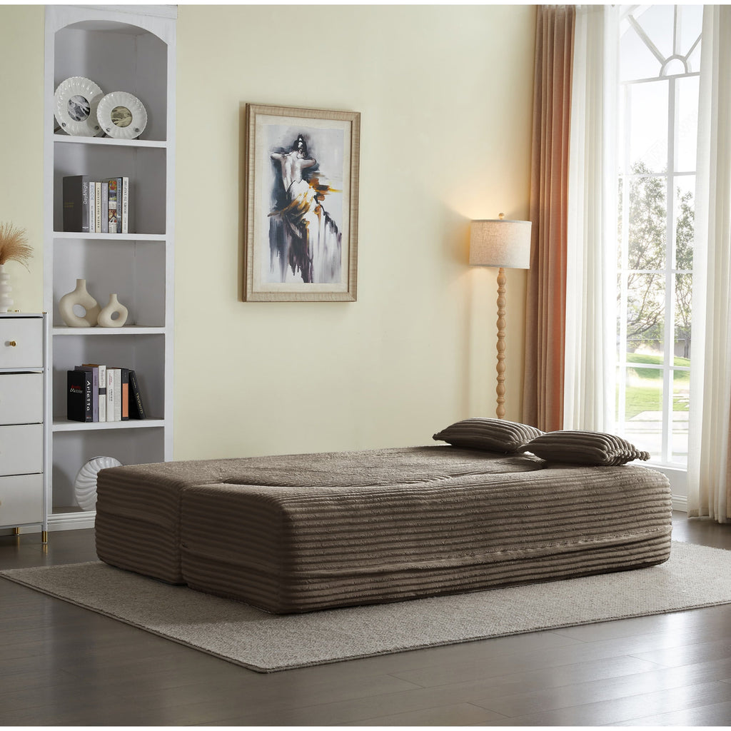 Modern Floor Sofa with 2 Pillows, Convertible Plush Corduroy Foam-Filled Sleeper Sofa Bed,15 ' Full Size Folding Mattress for Living Room, Guest Bed, no assembly required, Light Grey