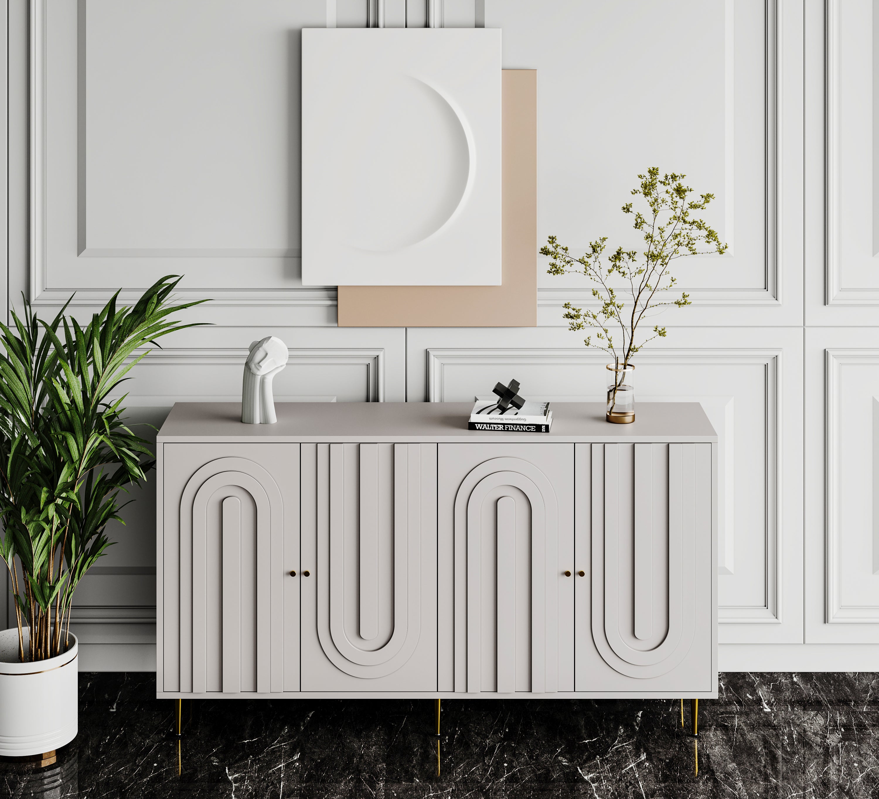 Contemporary sideboard cabinet matte gray lacquered finish