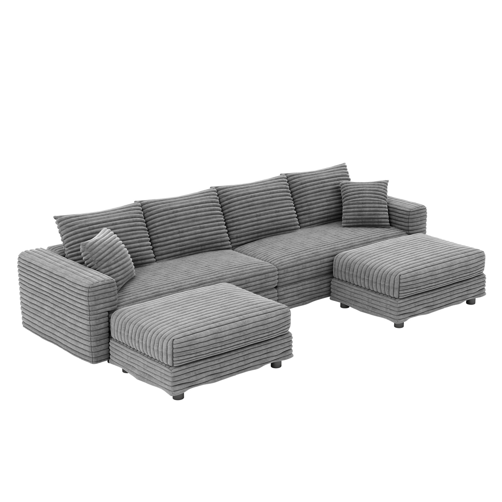 102.4 'Plush Corduroy 4-Seat Sofa,Modern Comfy Upholstered Sofa Cloud Couch,Deep Seat Couches with Soft Pillows and 3 Ottomans,Convertible Sofa Lounge Chair,Black(Old SKU:W1885S00287)