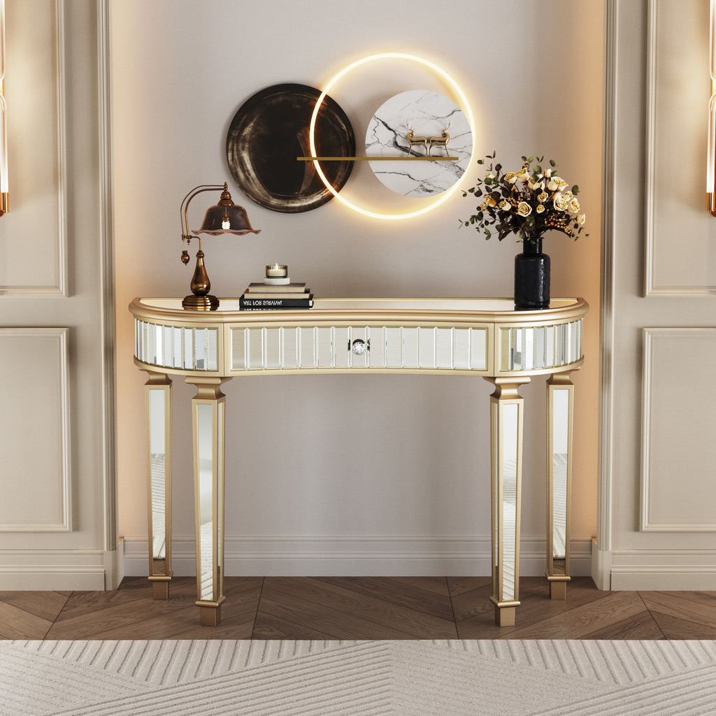Mirrored fluted glass panel console table side profile