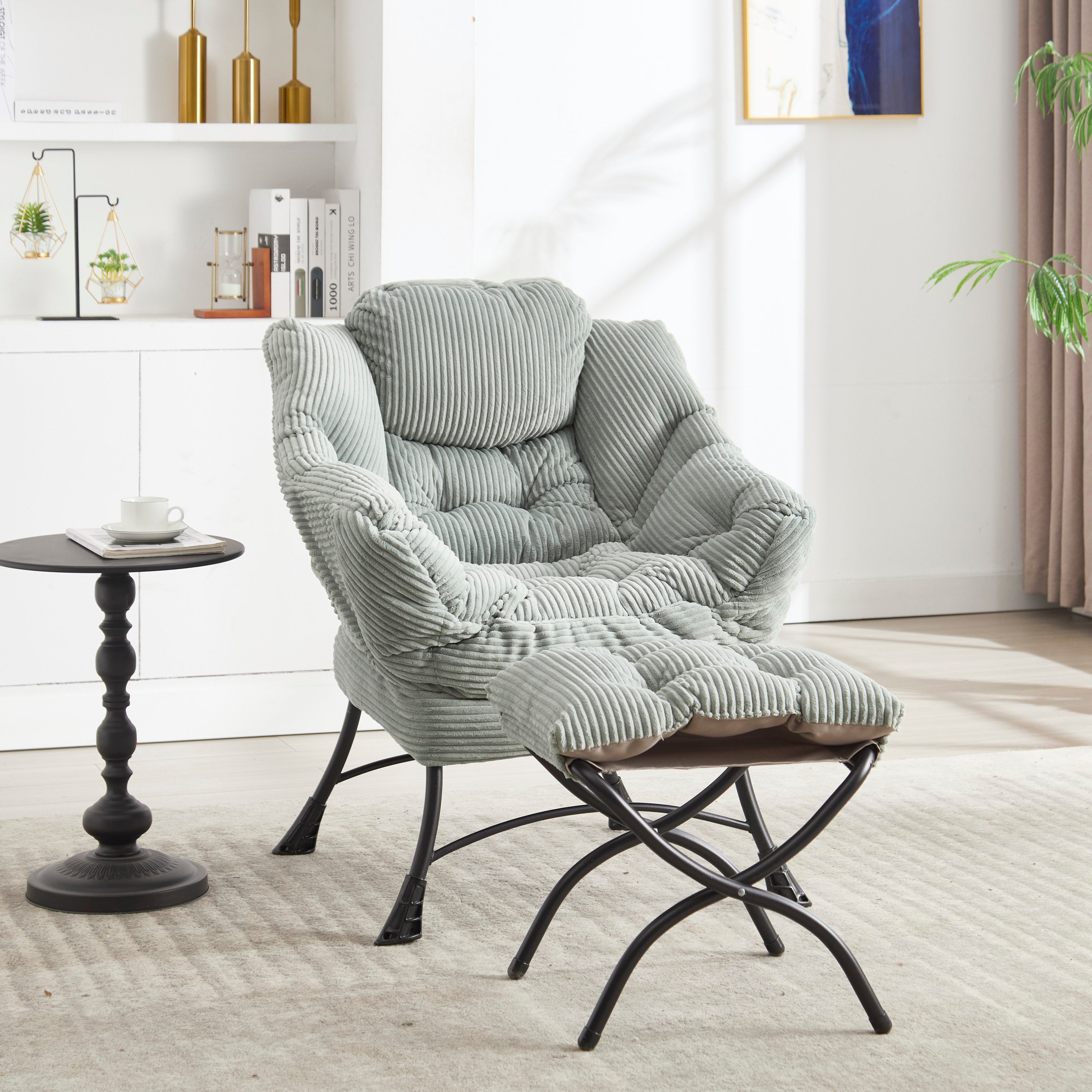 Lazy lounge chair and foldable ottoman set — side view