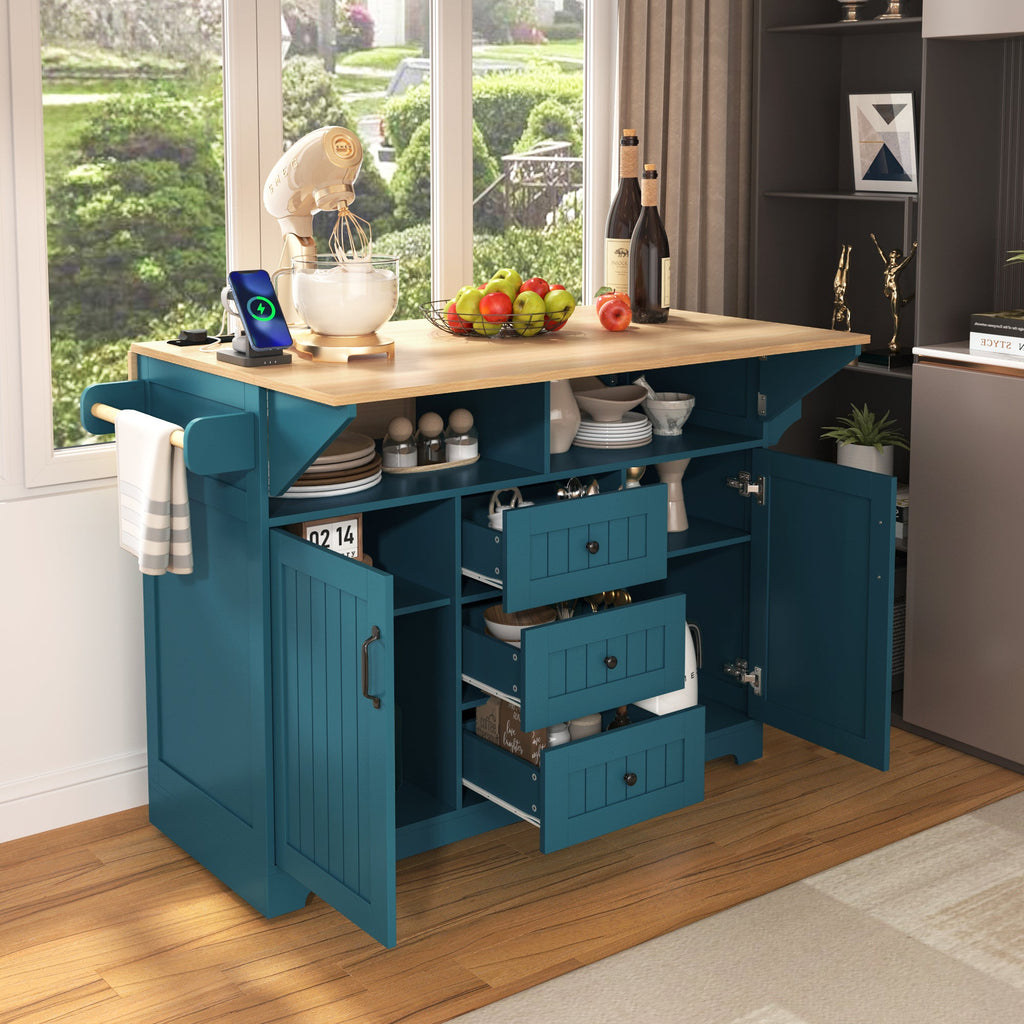 K&K 55.7'' Large Kitchen Island with 2 Drop Leaf,, Rolling Kitchen Cart on 5 Wheels with Power Outlet, Folding Storage Dining Table with Spice & Towel Rack , 3 Drawers, for Kitchen, Dining Room,Black