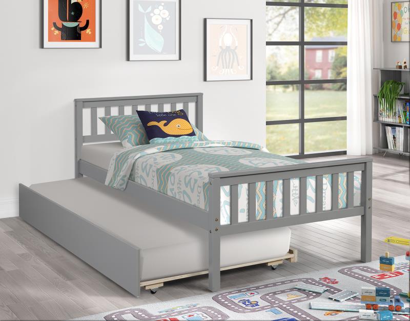 Pull-out trundle bed extended underneath twin frame