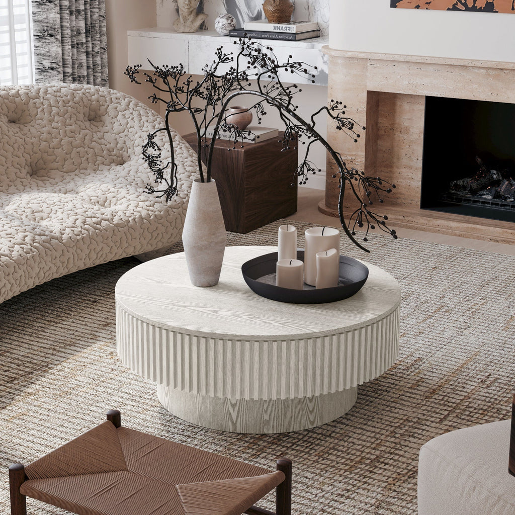 31.5'' Round Coffee Table with Storage Solid Wood Veneered Modern Coffee Table Accent Tea Table for Living Room, Bedroom, Apartment or Office, Grey