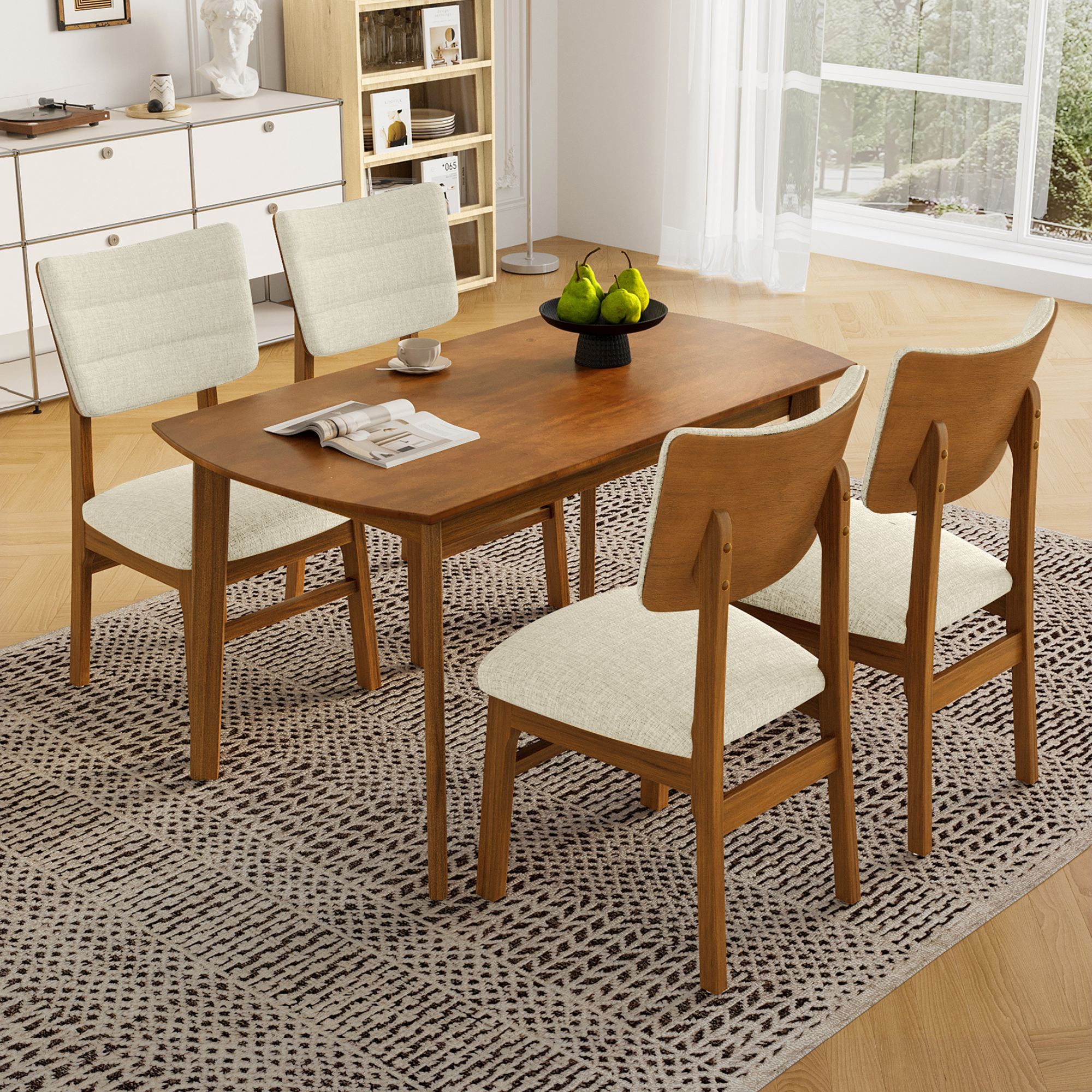 Farmhouse Dining Table Set for 4, Wood Kitchen Table & 4 Upholstered Chairs with Sturdy Rubber Wood Frame, Padded Seat, Curved Backrest, Space-Saving Dinette Set for Dining Room, Brown+Gray