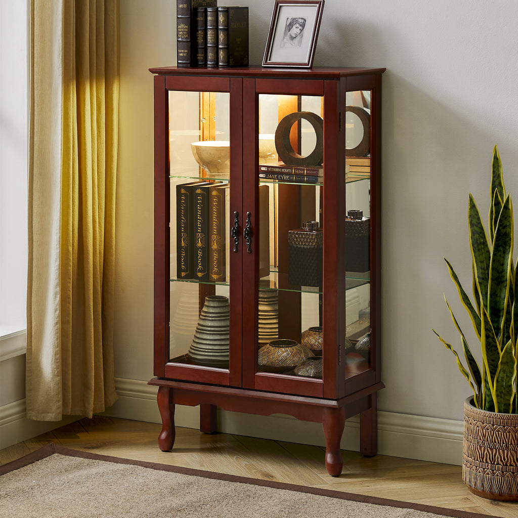 Lighted curio cabinet three-tier shelf storage interior