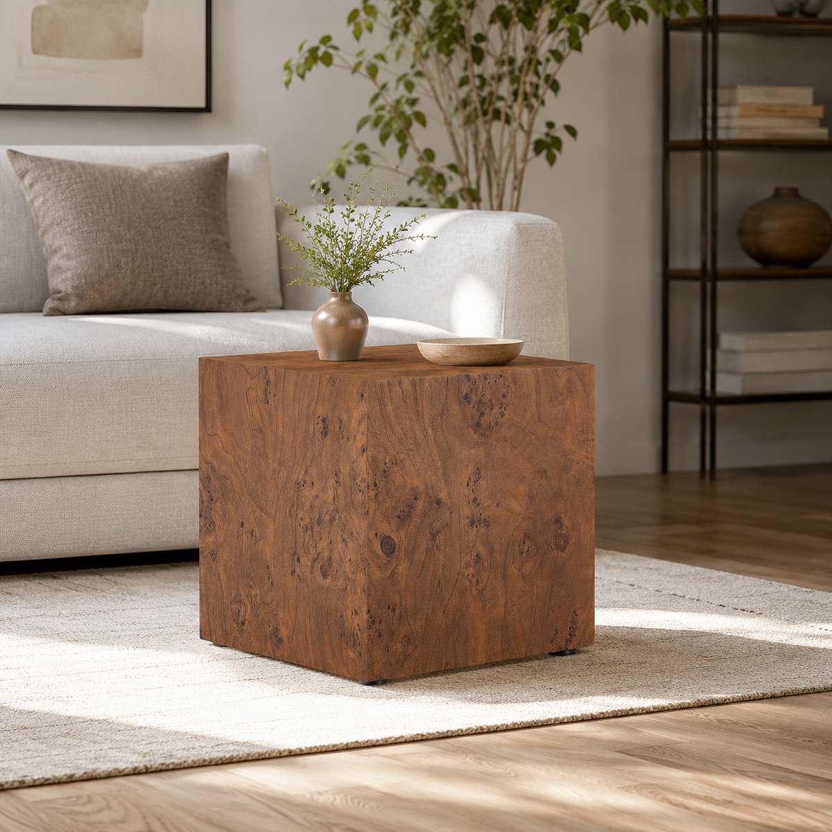 Premium Burl Walnut Veneer MDF Cube Table, Height Adjustable Multi-purpose Coffee Side End Table for Living Room, 11.8'×11.8'×19.7', No Extra Items Included