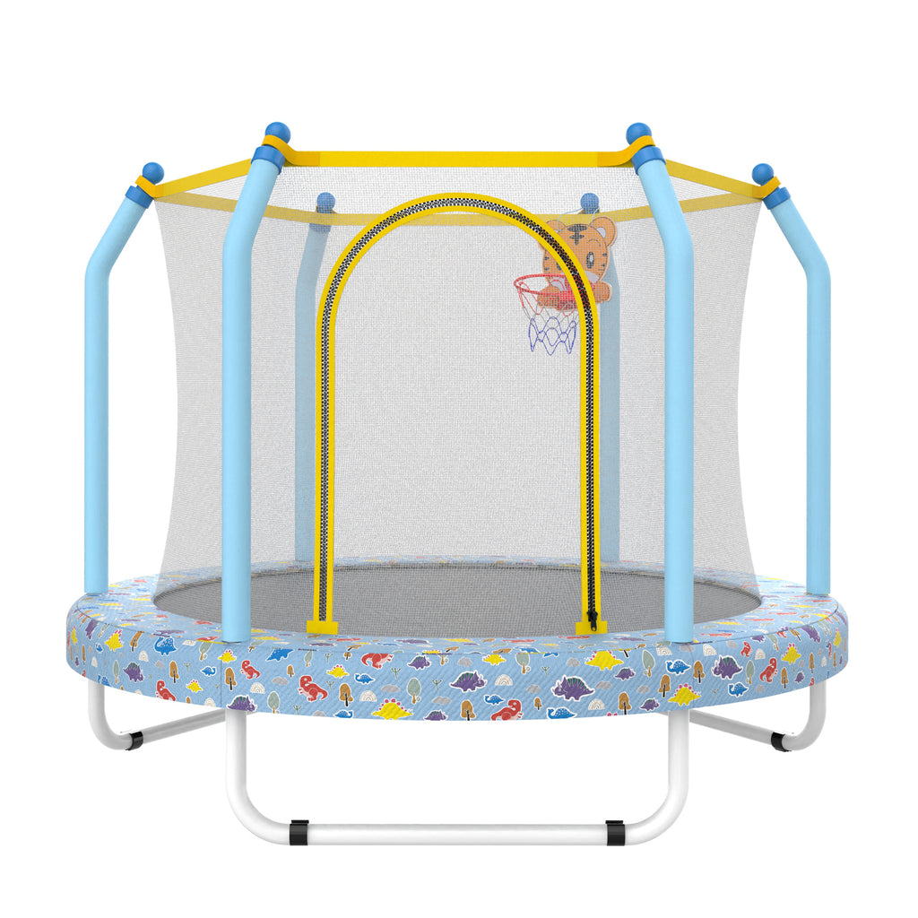 Printed blue 55-inch toddler trampoline with basketball hoop — front view