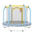Printed blue 55-inch toddler trampoline with basketball hoop — front view