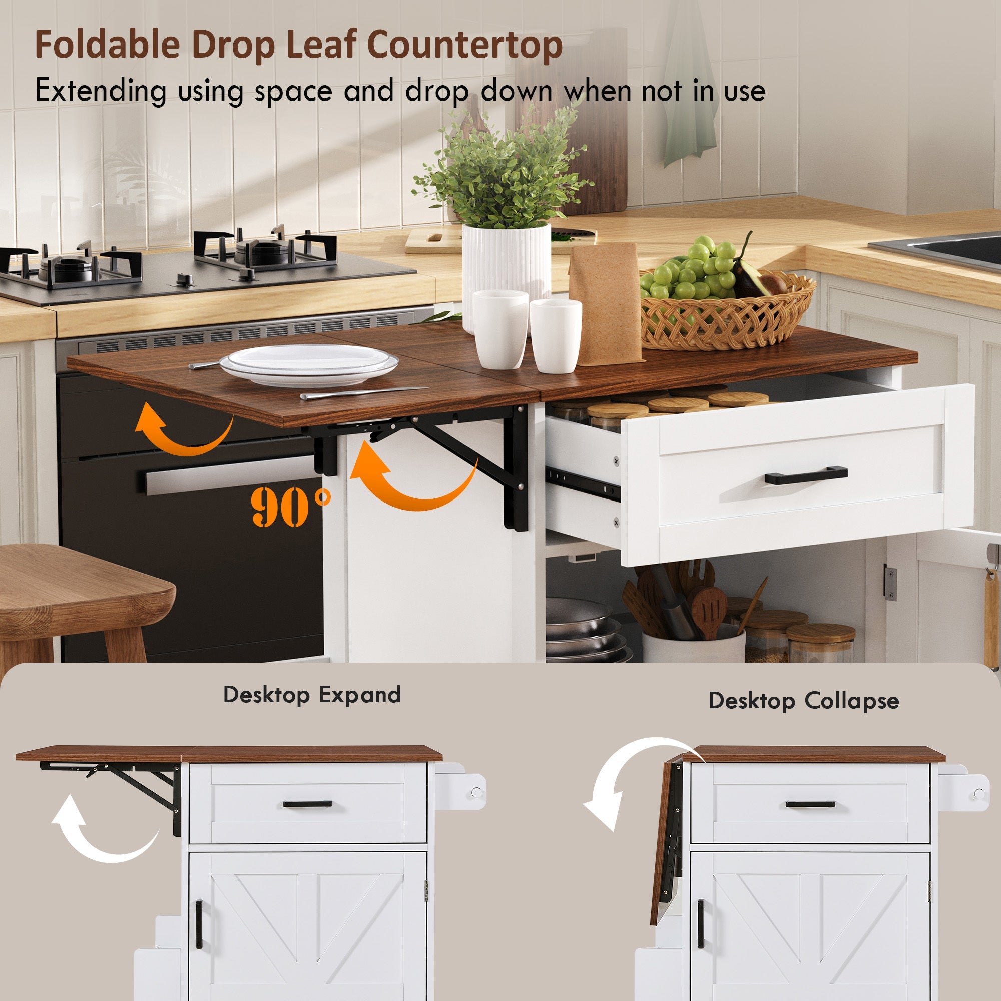 K&K 39.3' Farmhouse Kitchen Island with Drop Leaf, Kitchen Storage Island with Open Side Rack, One Drawer, Towel Rack, Rolling Kitchen Cart with Lockable Wheels for Lawn Garden, Black