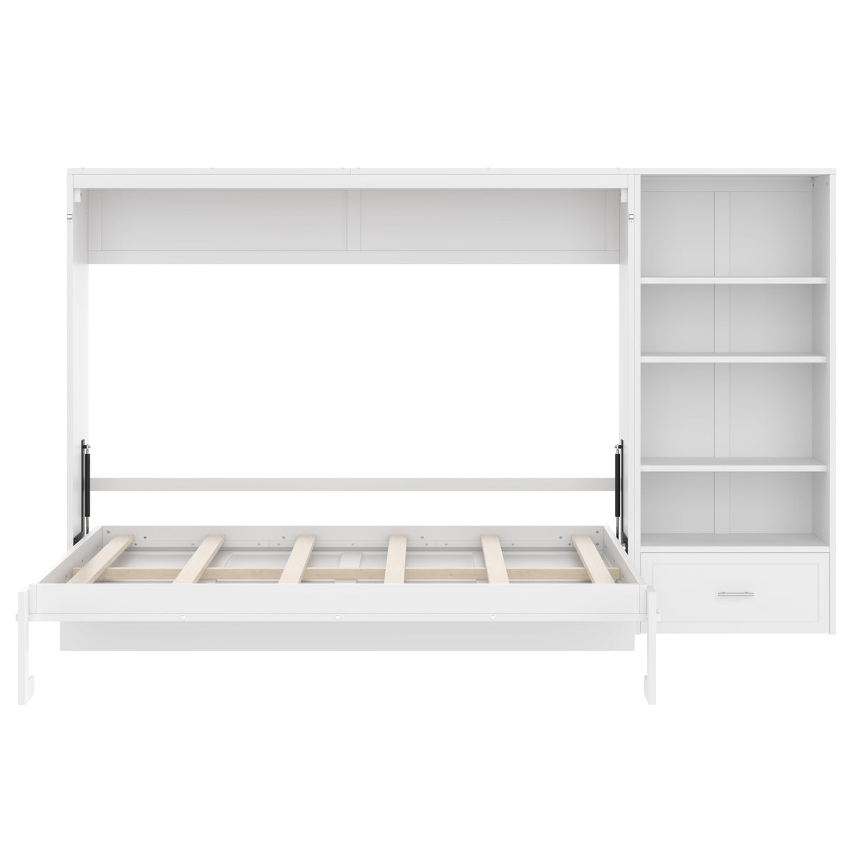 Queen Size Murphy Bed with Height Adjustable Storage Compartments and Shelf, Wall Bed Frame With 1 Drawer, Multifunctional Foldable Platform Bed for Bedroom,Guest Room, Walnut(OLD SKU:N733S309223D)