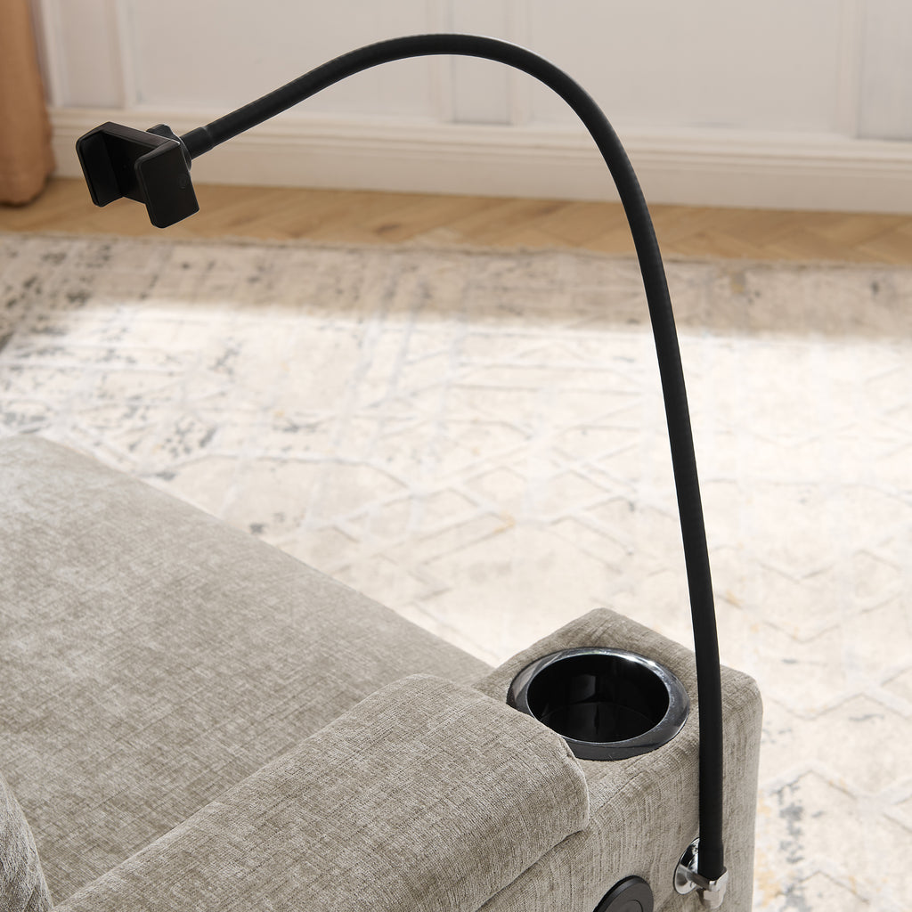 Wood frame and plastic leg detail under recliner