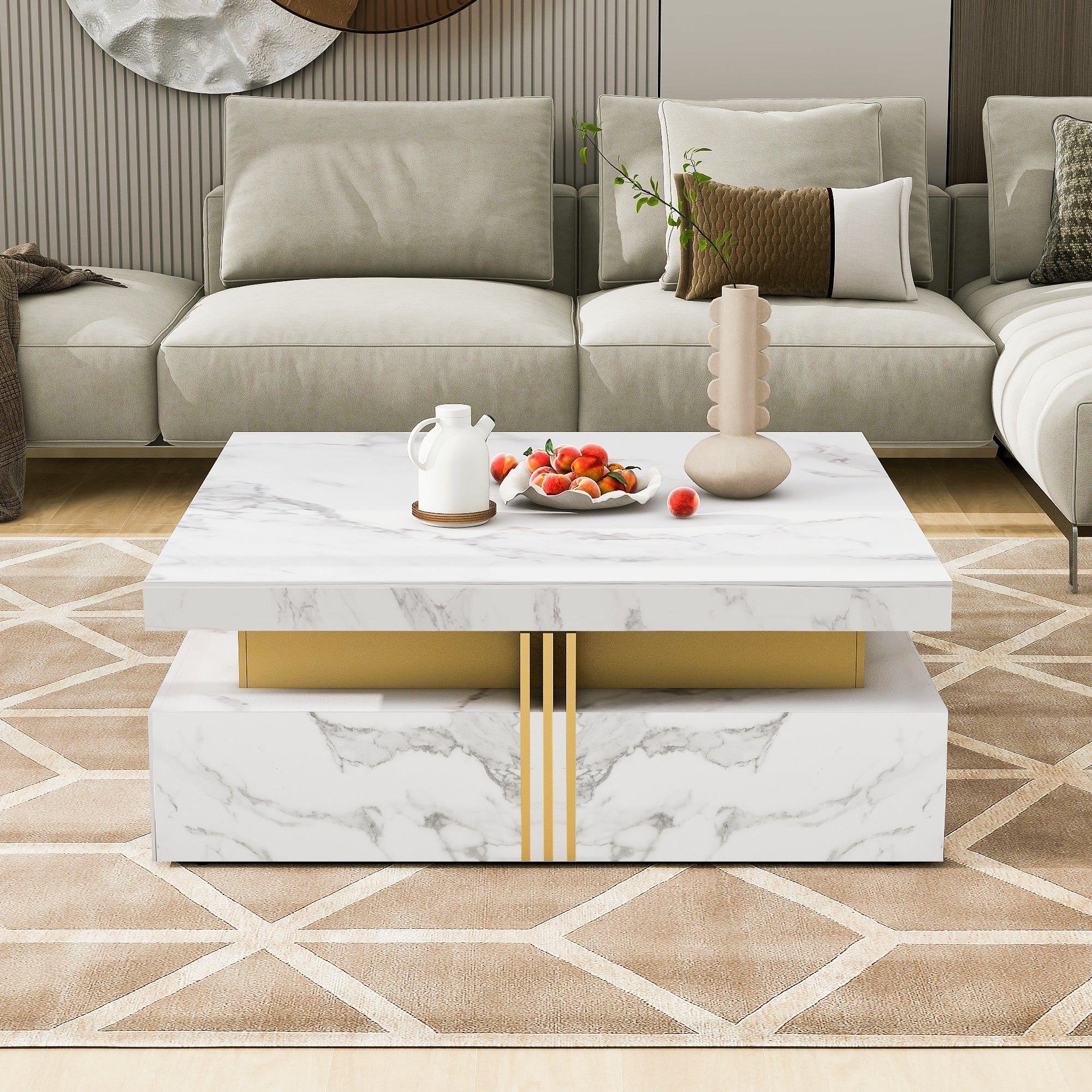 Square Storage Coffee Table — 4 Drawers & Gold Accents