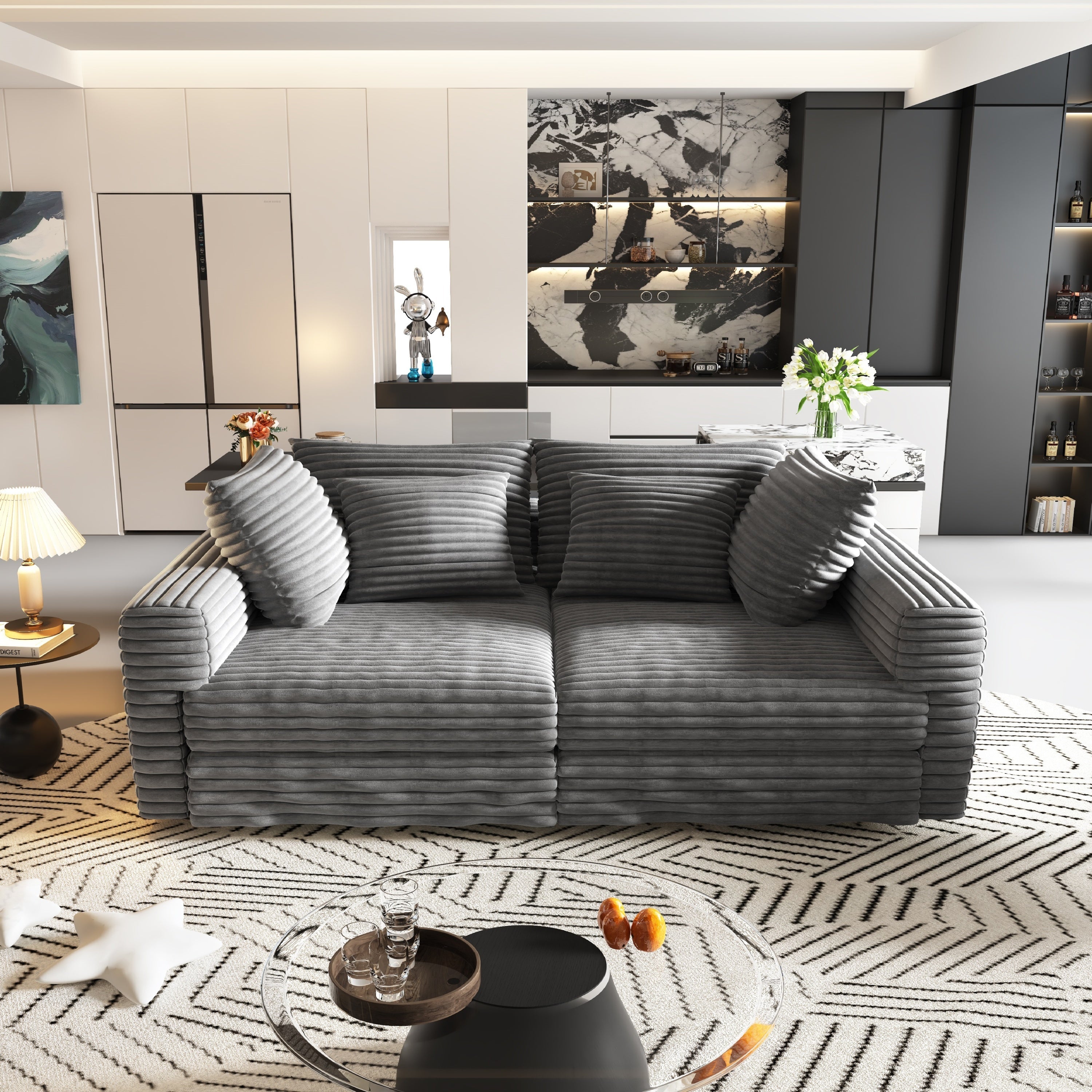 102.4 'Plush Corduroy 4-Seat Sofa,Modern Comfy Upholstered Sofa Cloud Couch,Deep Seat Couches with Soft Pillows and 3 Ottomans,Convertible Sofa Lounge Chair,Black(Old SKU:W1885S00287)