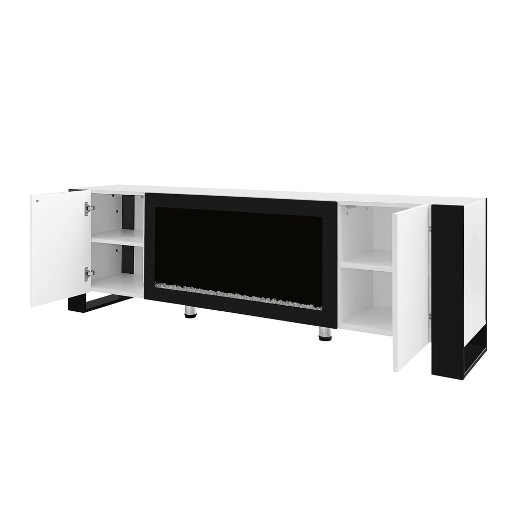White high-gloss TV stand with decorative fireplace full product photo