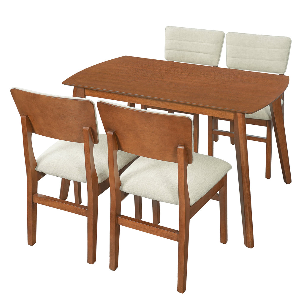 Farmhouse Dining Table Set for 4, Wood Kitchen Table & 4 Upholstered Chairs with Sturdy Rubber Wood Frame, Padded Seat, Curved Backrest, Space-Saving Dinette Set for Dining Room, Brown+Gray