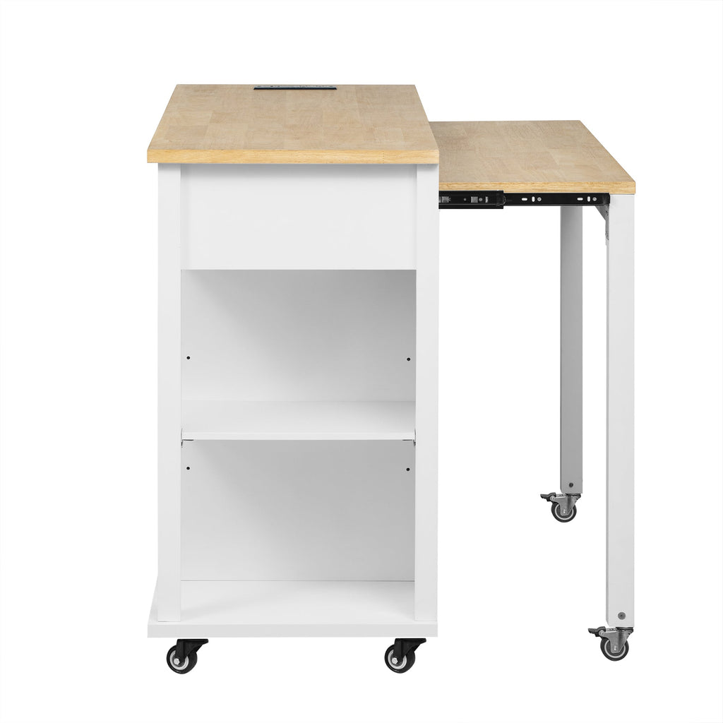 K&K 47 inch Kitchen Island with Extendable Dining Table, Rubber Wood Veneer Kitchen Table with Internal Storage Rack, Power Outlet, Kitchen island with Storage 2 Drawers 2 Cabinet, Black