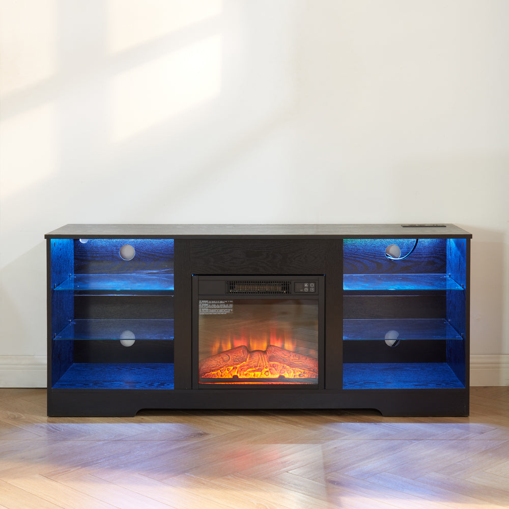 TV Stand with Electric Fireplace — Glass Shelves & USB Outlets for TVs Up to 62"