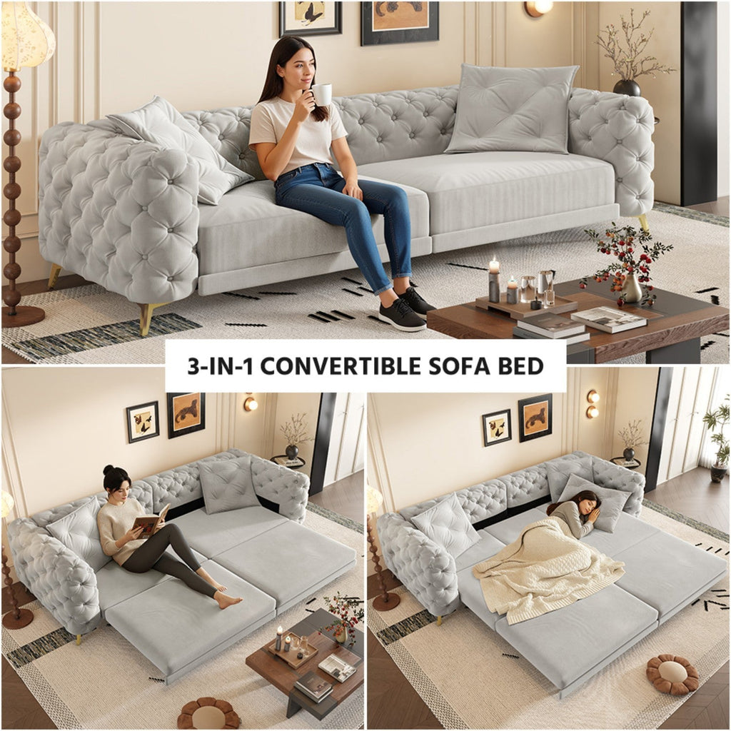 97.7' 3-in-1 Convertible Sleeper Sofa, 28.4' Deep Seat Pull Out Sofa Bed,Button Tufted Modern Sofa, 4-Seater Couch with Movable Ottoman for Apartment, Office, Bedroom,Beige/White