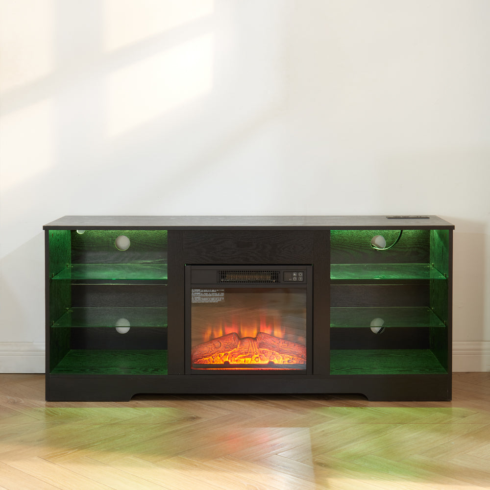 TV Stand with Electric Fireplace — Glass Shelves & USB Outlets for TVs Up to 62"