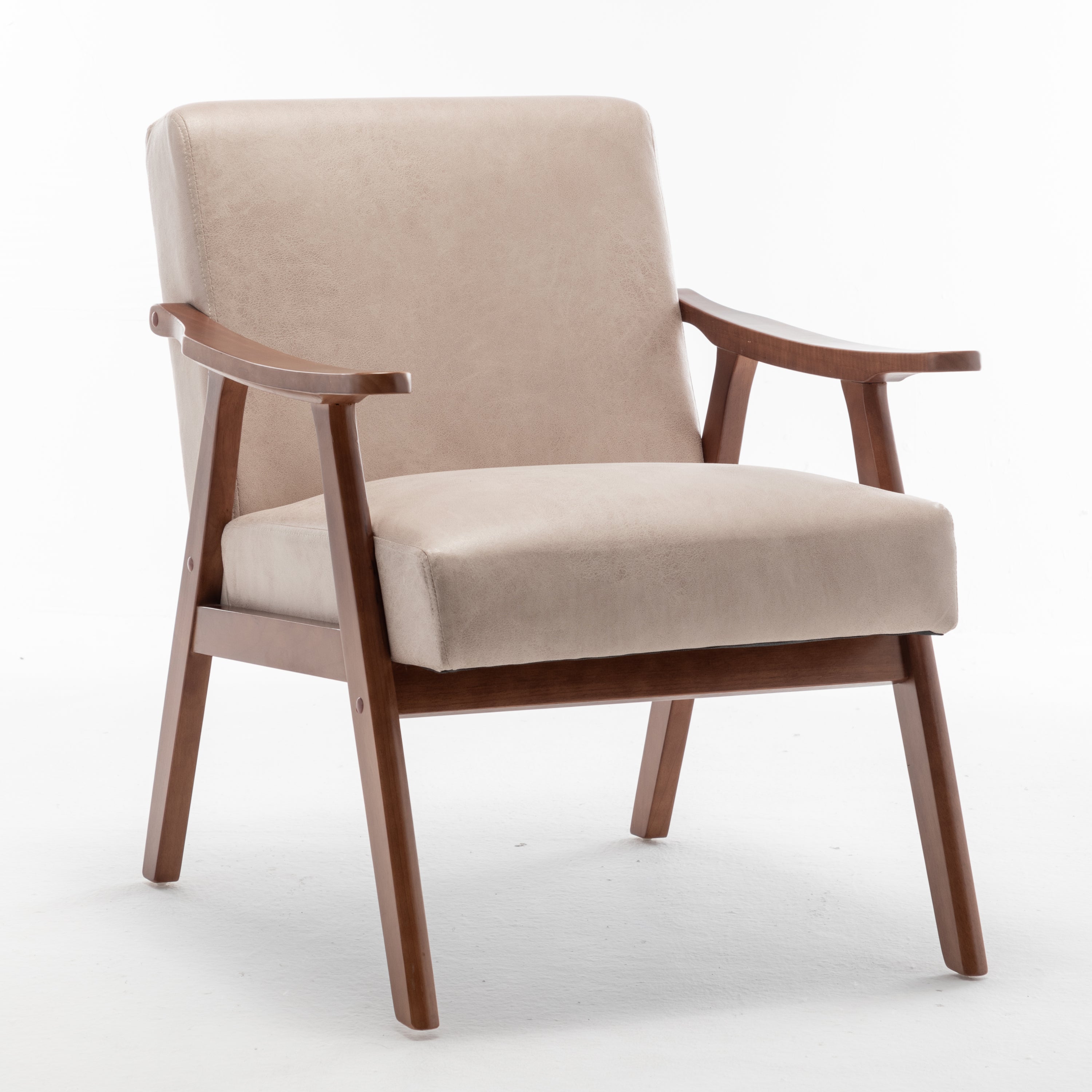 Light camel mid-century wingback accent chair — front view