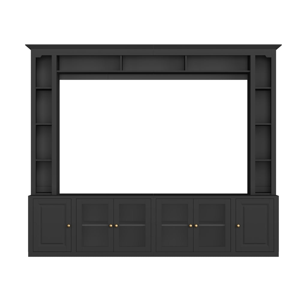 Black TV stand wall unit cable management back panel detail