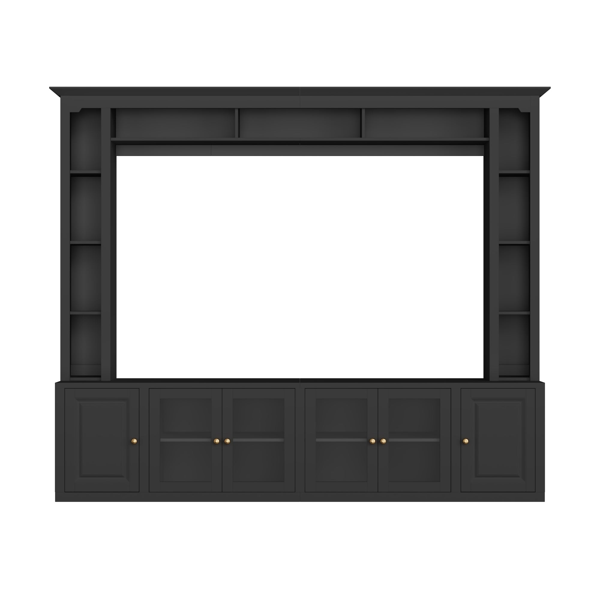 Black TV stand wall unit cable management back panel detail