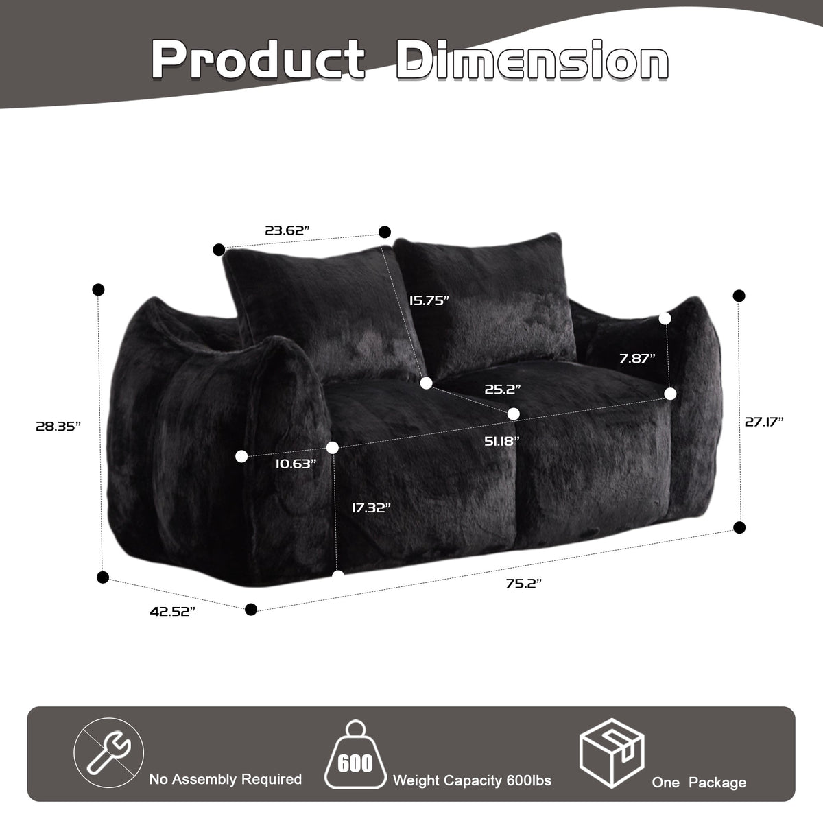 Giant Bean Bag Couch for Adults, Ultra Soft Fluffy Loveseat Bean Bag Sofa, Oversized Chase Lounge Chair Indoor for Living Room Bedroom, No Assembly Required Cozy Reading Chair with Pillows, White