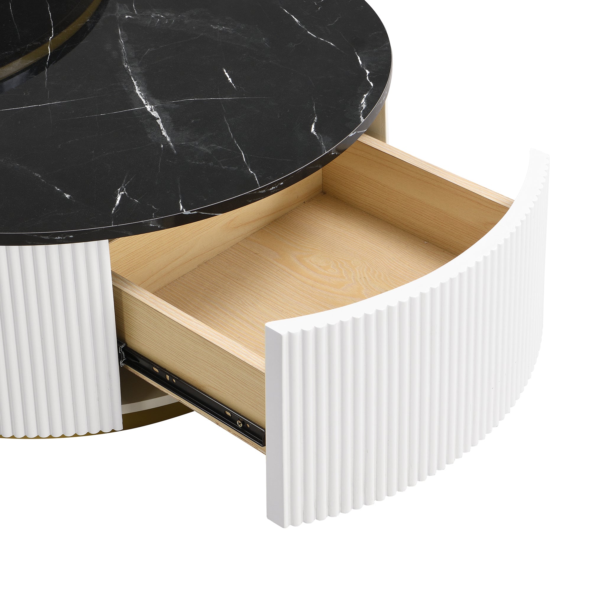 Glossy black tabletop on round nesting coffee table