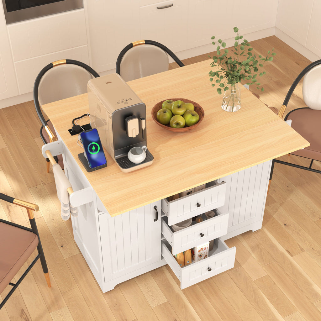 K&K 55.7'' Large Kitchen Island with 2 Drop Leaf,, Rolling Kitchen Cart on 5 Wheels with Power Outlet, Folding Storage Dining Table with Spice & Towel Rack , 3 Drawers, for Kitchen, Dining Room,Black