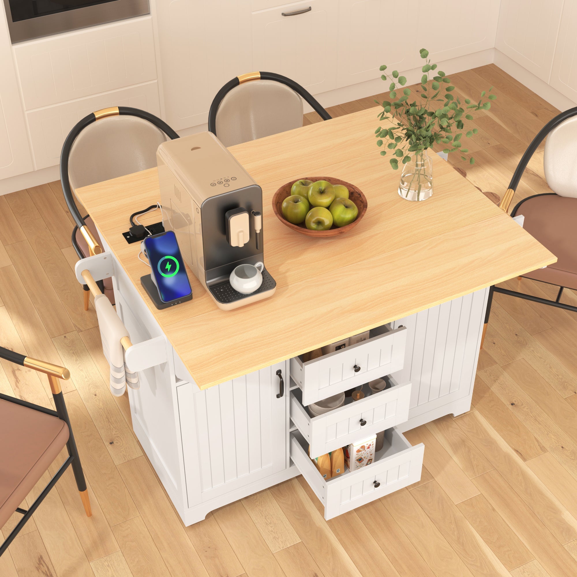 K&K 55.7'' Large Kitchen Island with 2 Drop Leaf,, Rolling Kitchen Cart on 5 Wheels with Power Outlet, Folding Storage Dining Table with Spice & Towel Rack , 3 Drawers, for Kitchen, Dining Room,Black