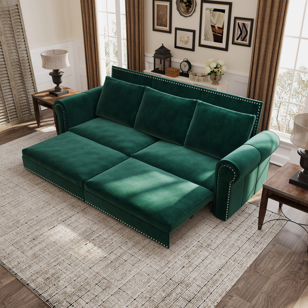 Green velvet sofa bed — angle view