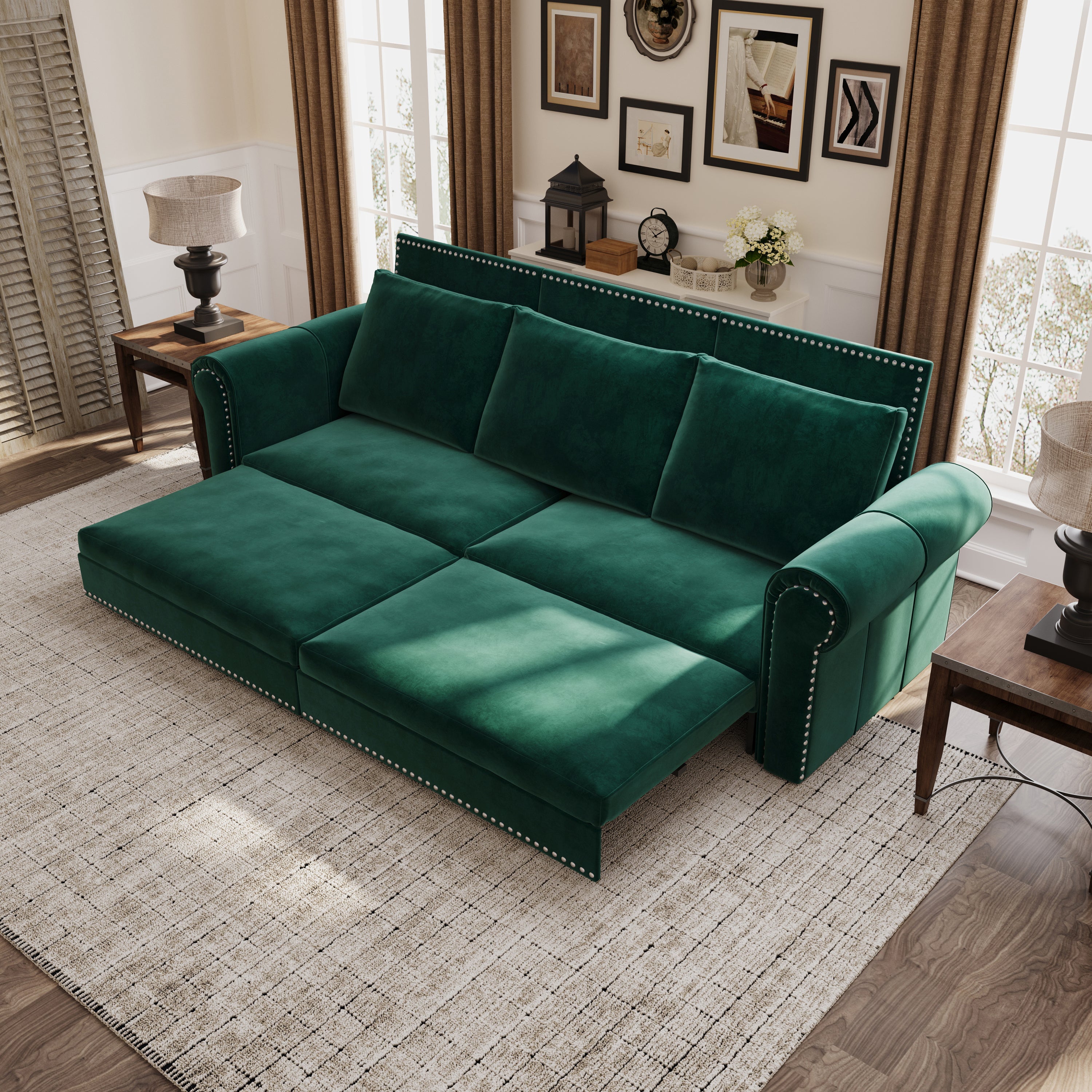 Green velvet sofa bed — angle view