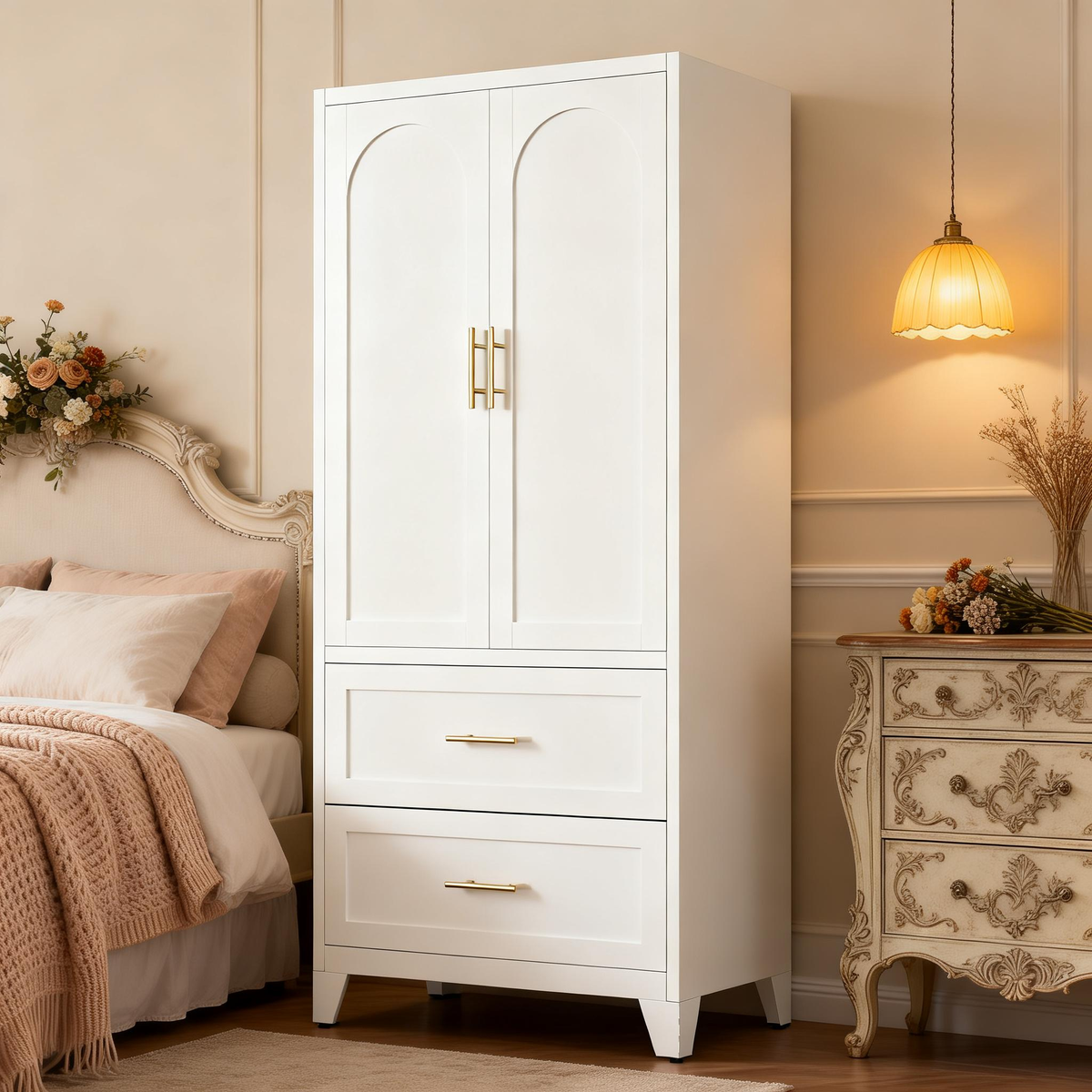 71' Tall Metal Wardrobe Cabinet with 2 Drawers and Hanging Rod, 2 Doors Wardrobe Closet with Shelf for Bedroom, Office, Laundry Room,Entryway ,Foyer,Guesthouse (White)
