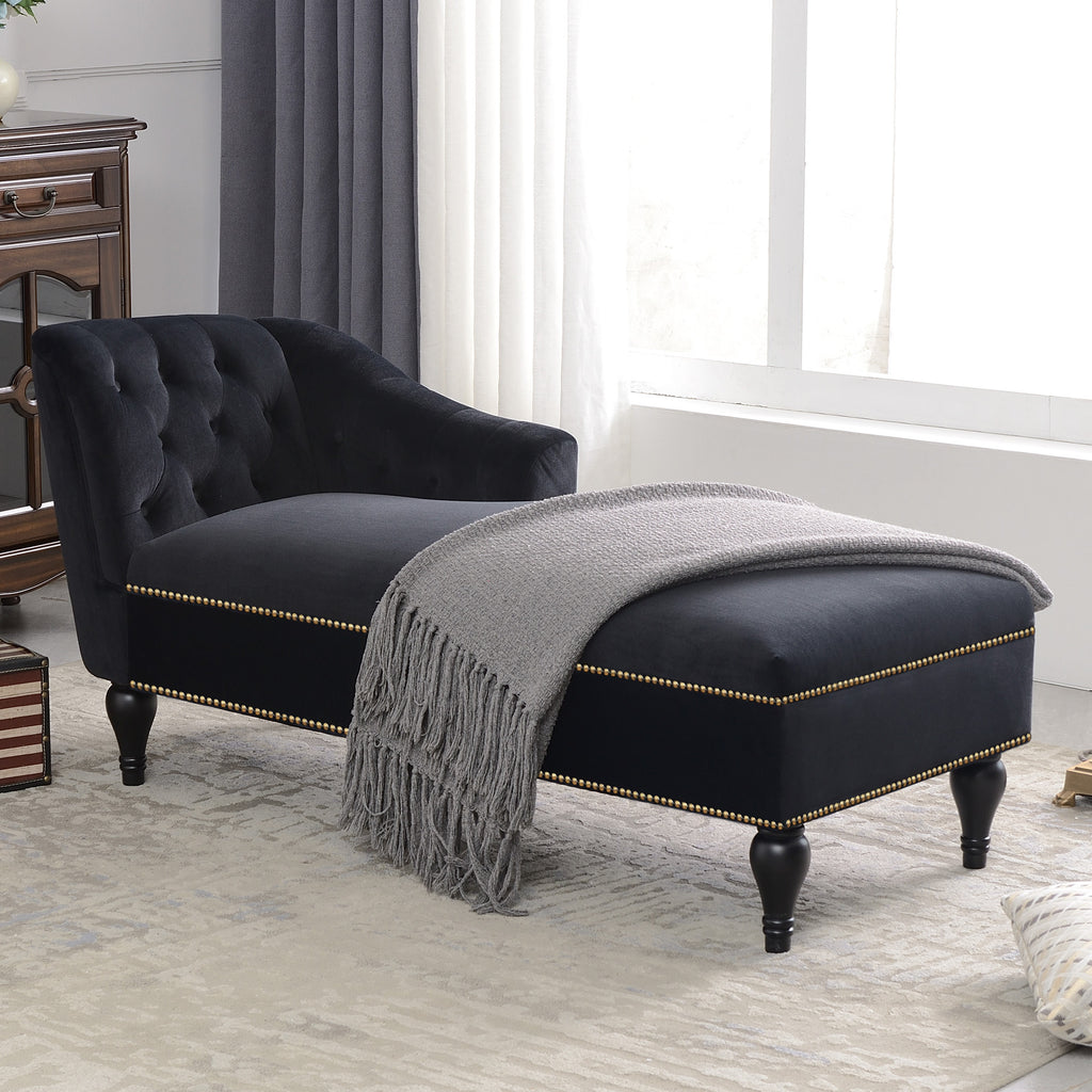 Black velvet chaise lounge right arm facing — front view