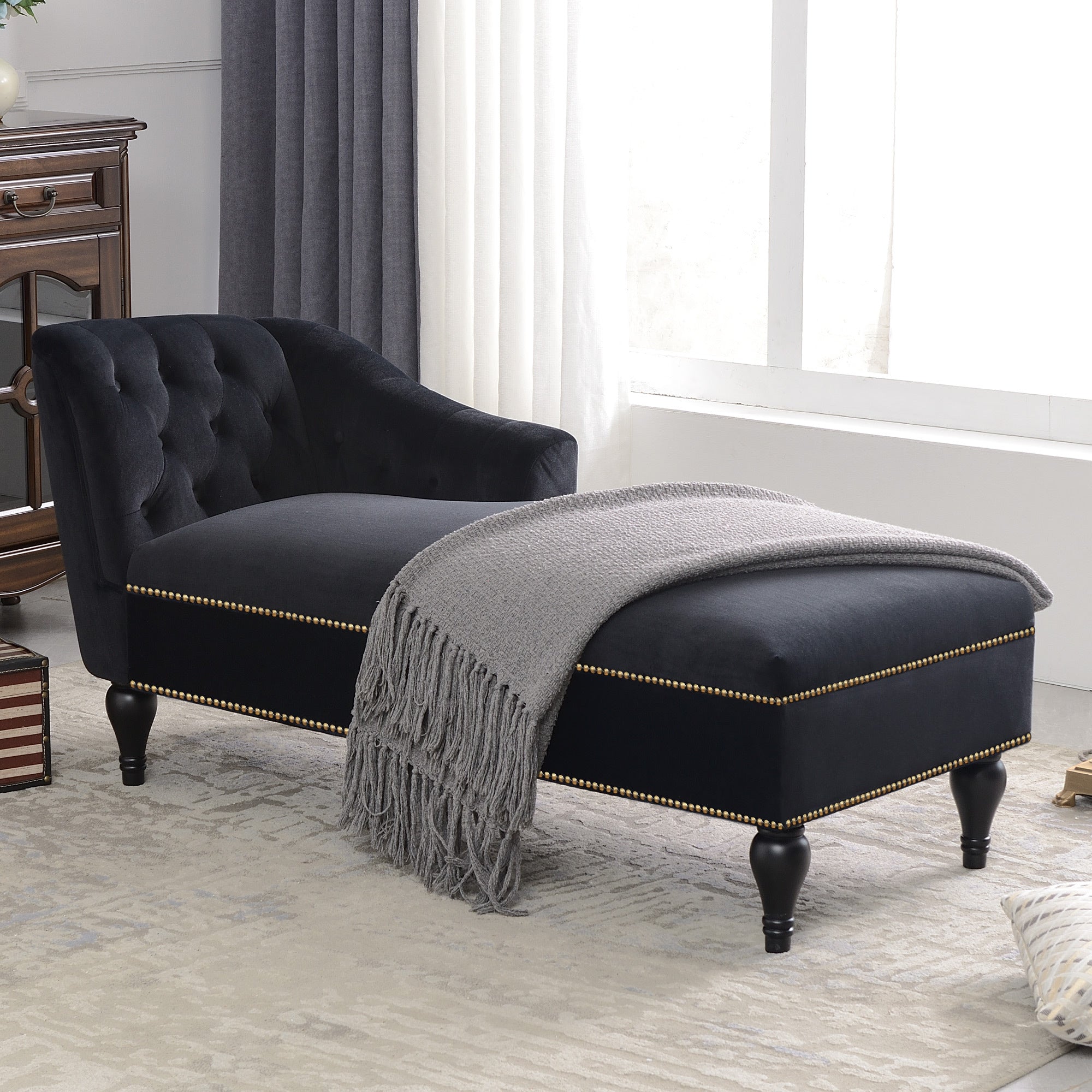 Black velvet chaise lounge right arm facing — front view