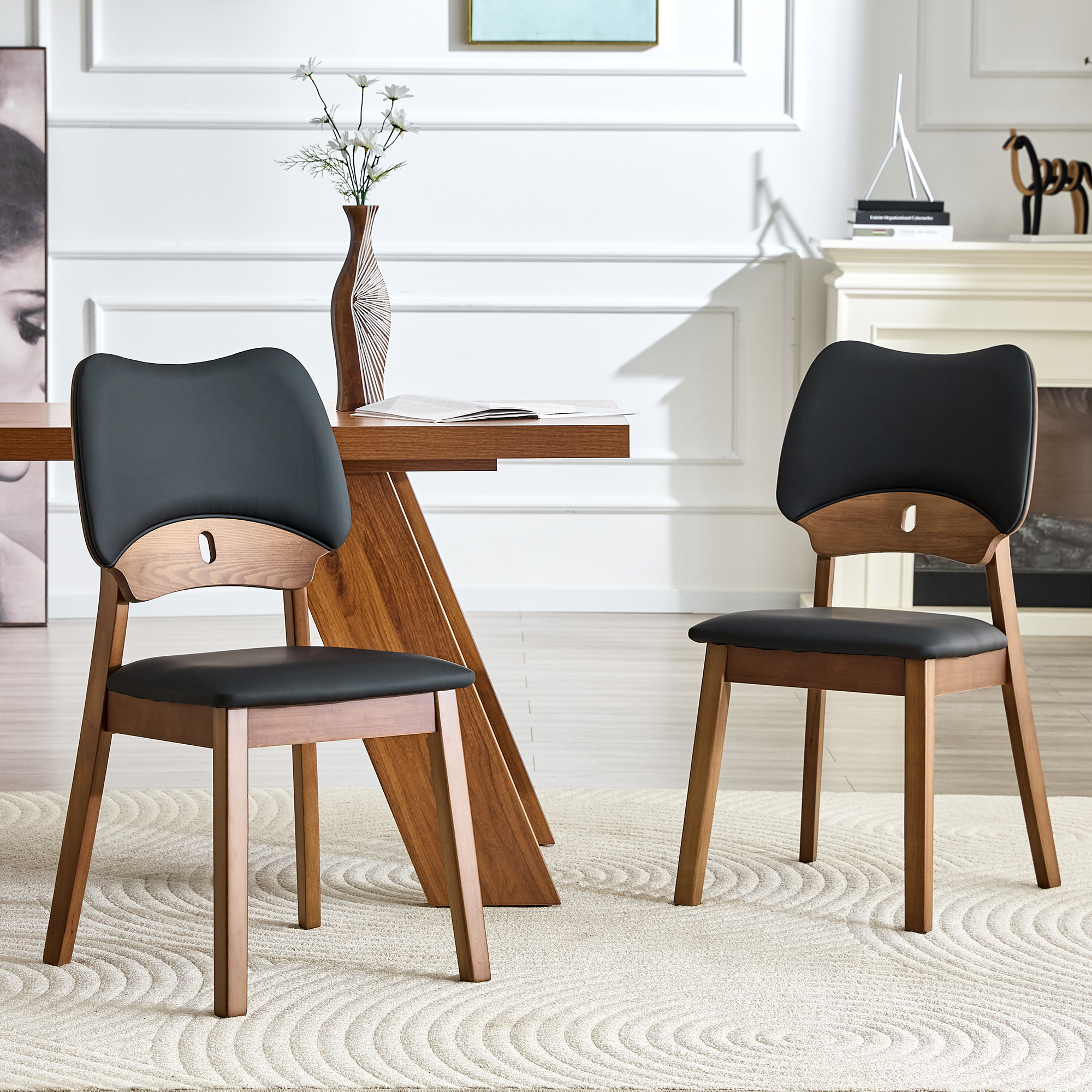 2 walnut colored solid wood dining chairs, with black PU soft packaging on the backrest and seat cushion, hollowed out design backrest, for home dining chairs.