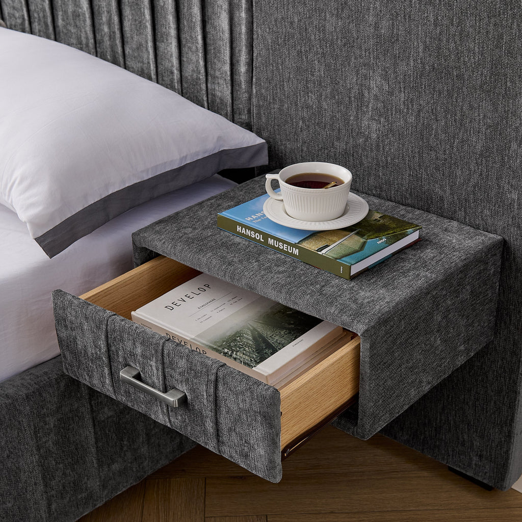 King Size Upholstered Bed Frame with Chenille fabric with pleated design,Grounded King Size Platform Bed with Headboard and Solid Frame and the bedside table.No Box Spring Needed-Blue-Green