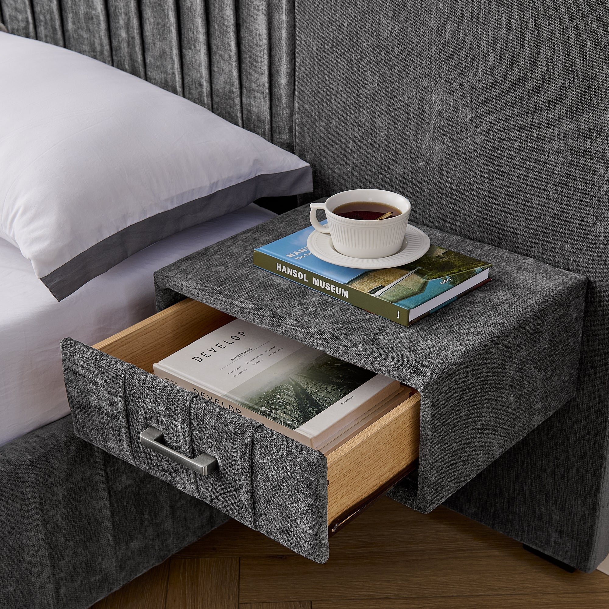 King Size Upholstered Bed Frame with Chenille fabric with pleated design,Grounded King Size Platform Bed with Headboard and Solid Frame and the bedside table.No Box Spring Needed-Blue-Green