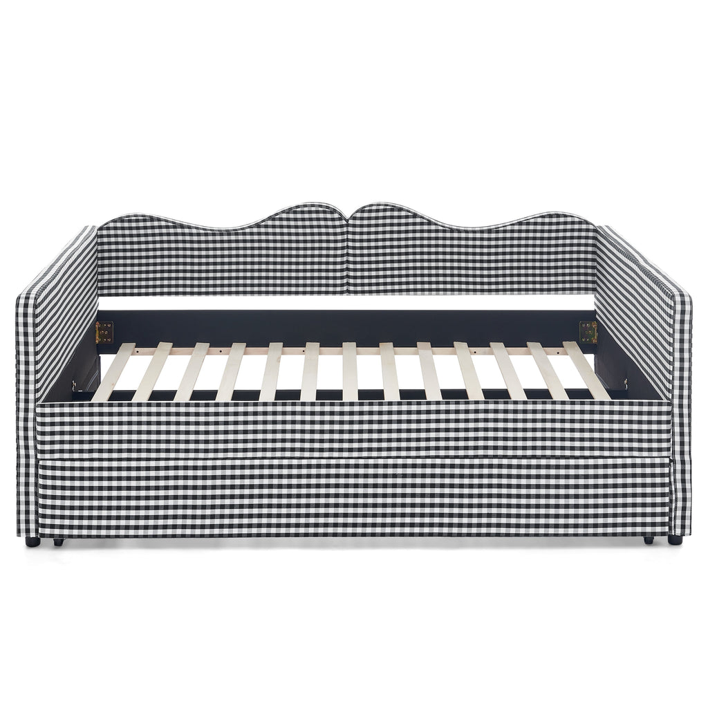 Full‑Size Daybed,Gingham Upholstered Daybed Equipped with Pull-Out Trundle Bed Frame & Side Storage Pocket, Solid Wood Frame Multi-Functional Sofa Bed for Kids Room & Guest Bedroom-PINK