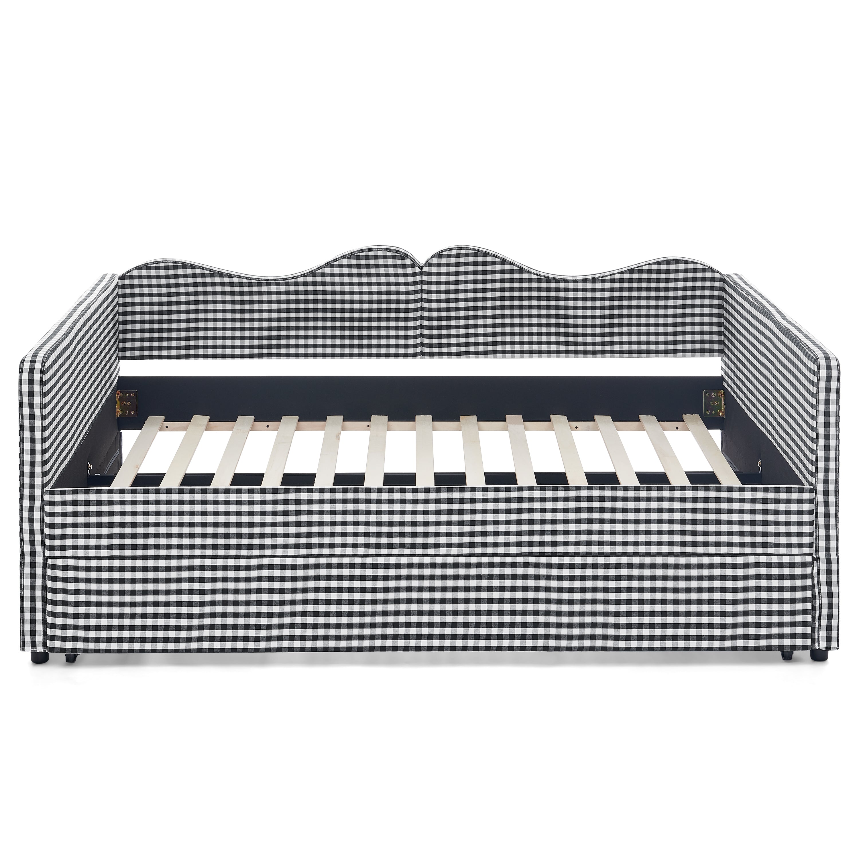 Full‑Size Daybed,Gingham Upholstered Daybed Equipped with Pull-Out Trundle Bed Frame & Side Storage Pocket, Solid Wood Frame Multi-Functional Sofa Bed for Kids Room & Guest Bedroom-PINK