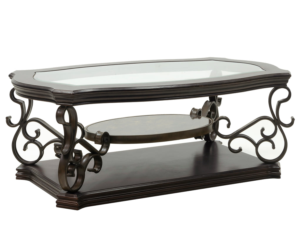 Traditional scroll-leg cocktail table side profile view
