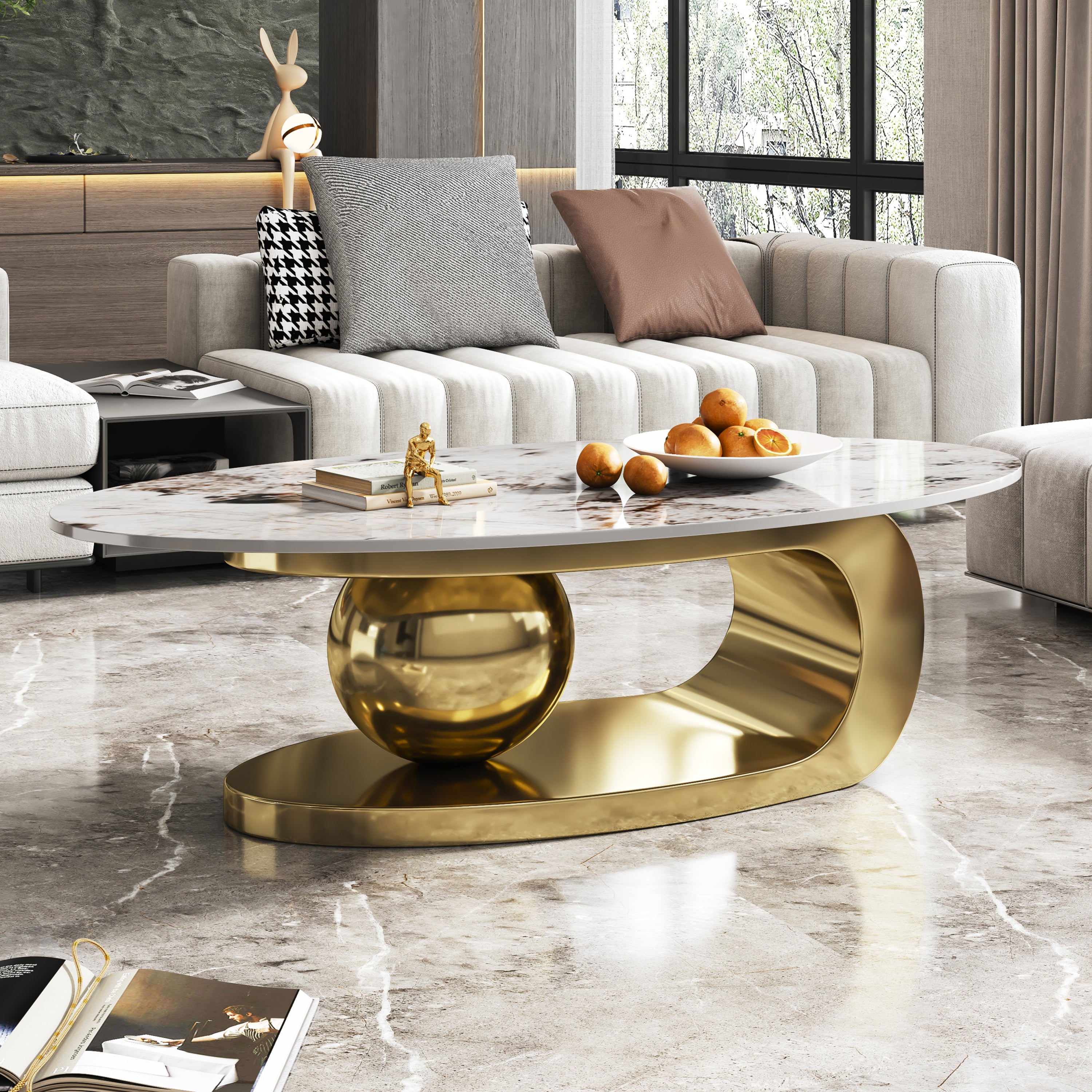 49-inch oval faux marble coffee table with gold veining — angle view