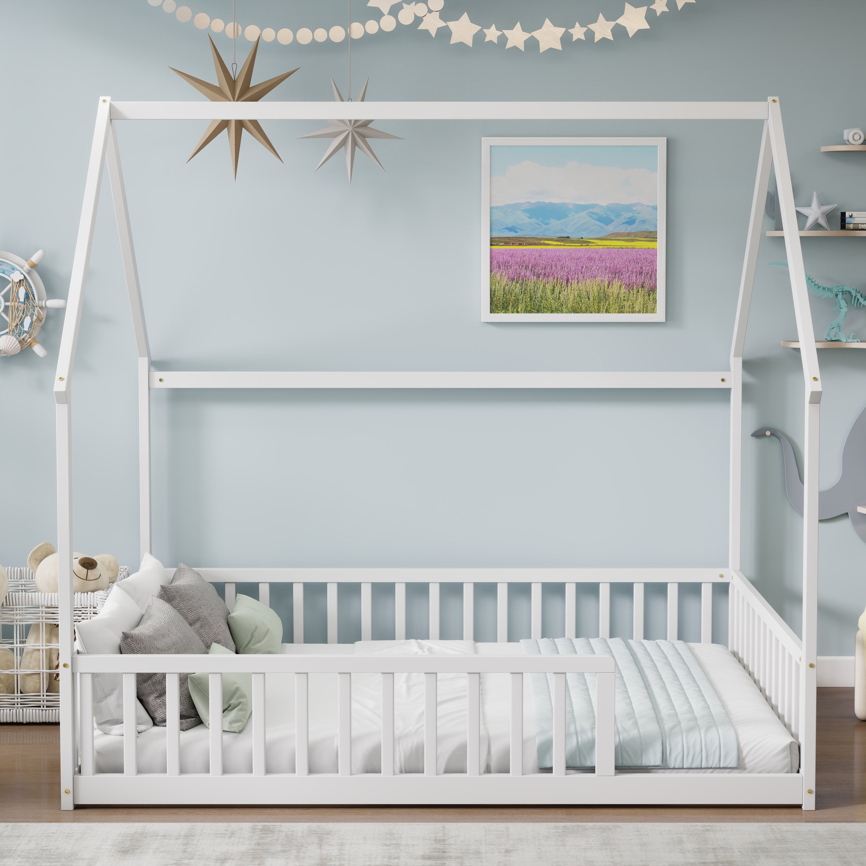 Full Size House Floor Bed with Roof Frame ,Pine Wood Floor Bed with Safety Guardrails,White